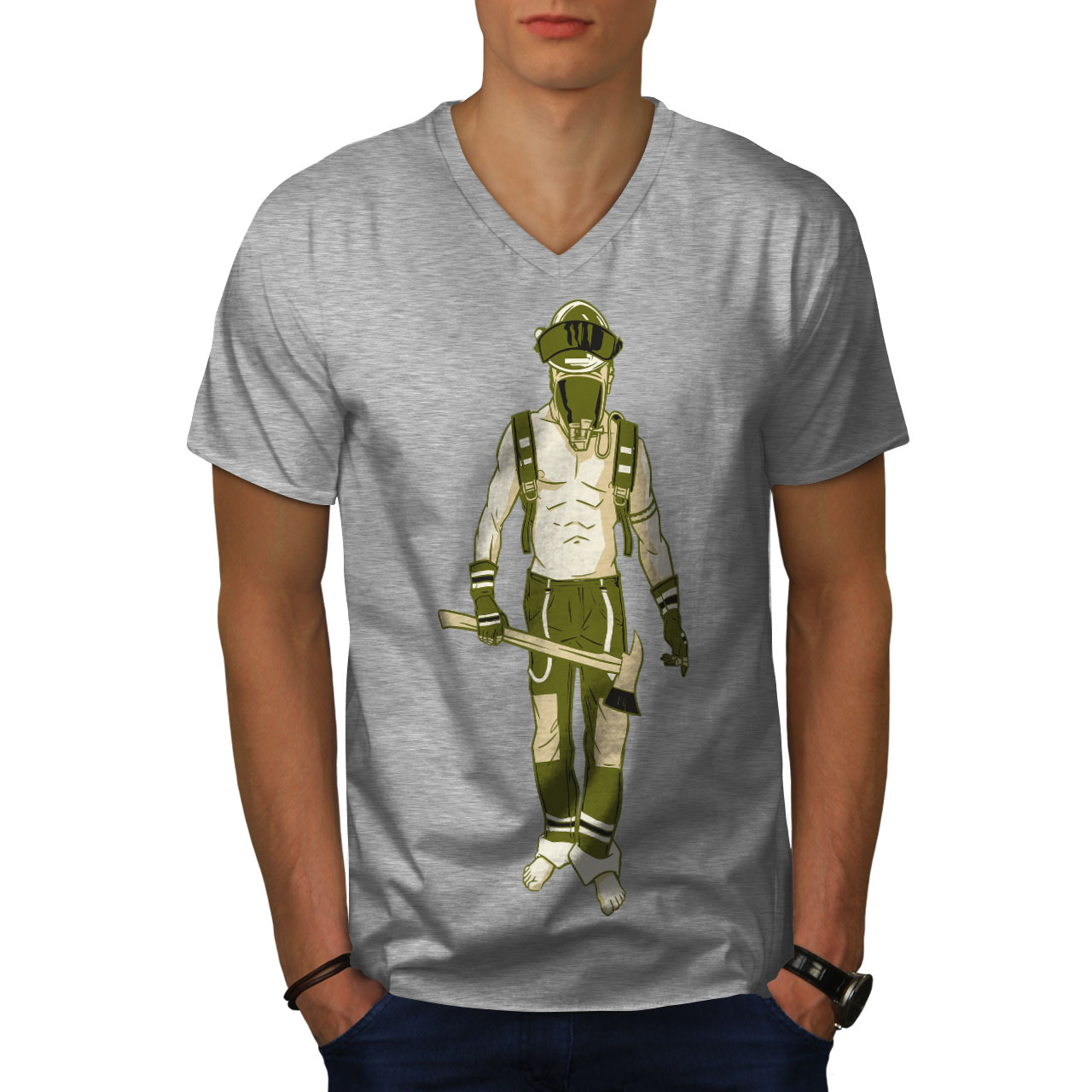 Wellcoda Warrior with Axe Gas Mask Soldier Mens V-Neck T-shirt