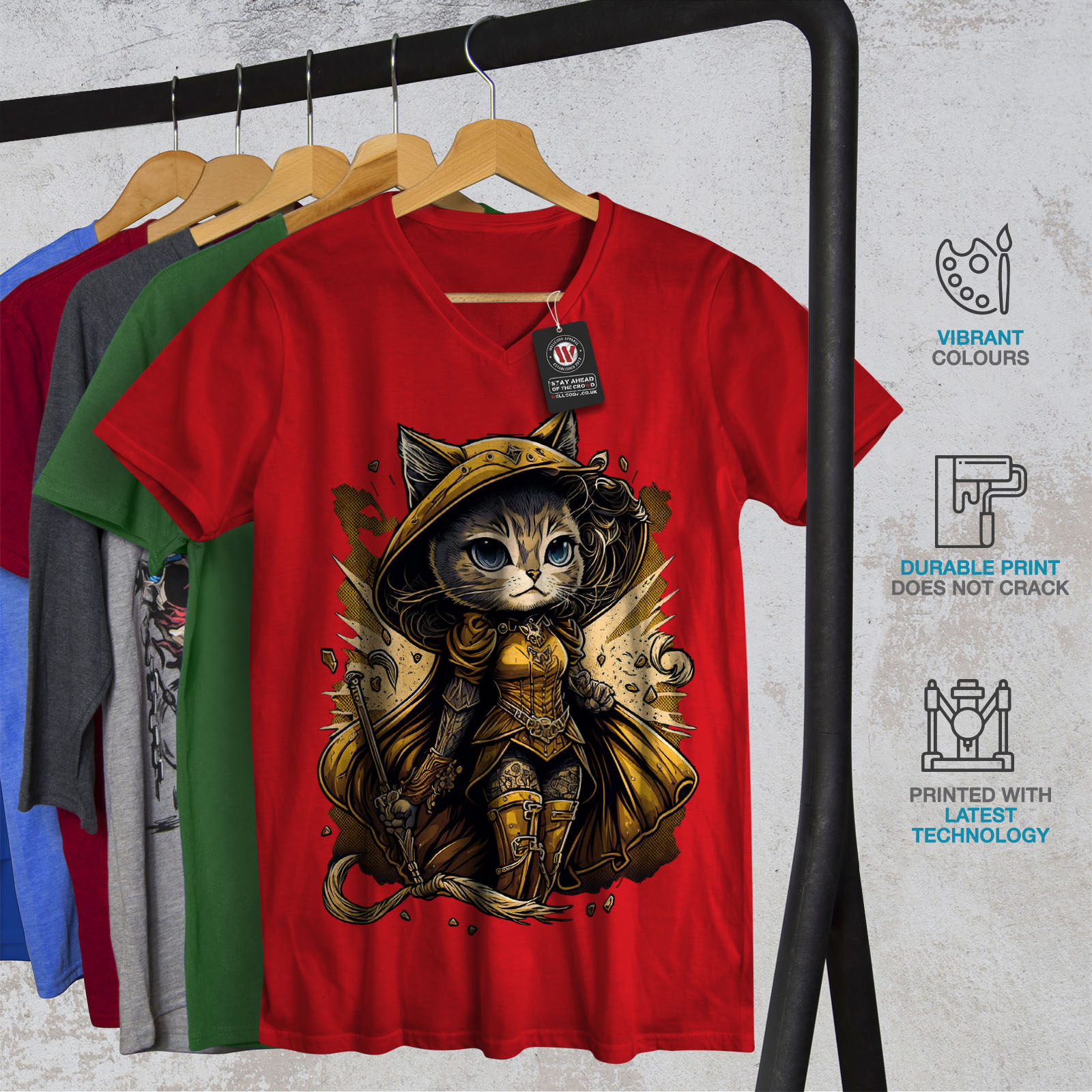 Wellcoda Warrior Cat Red Feline Mens V-Neck T-shirt