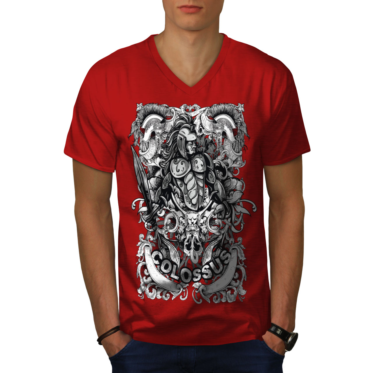 Wellcoda Colossus Warrior Warrior Mens V-Neck T-shirt