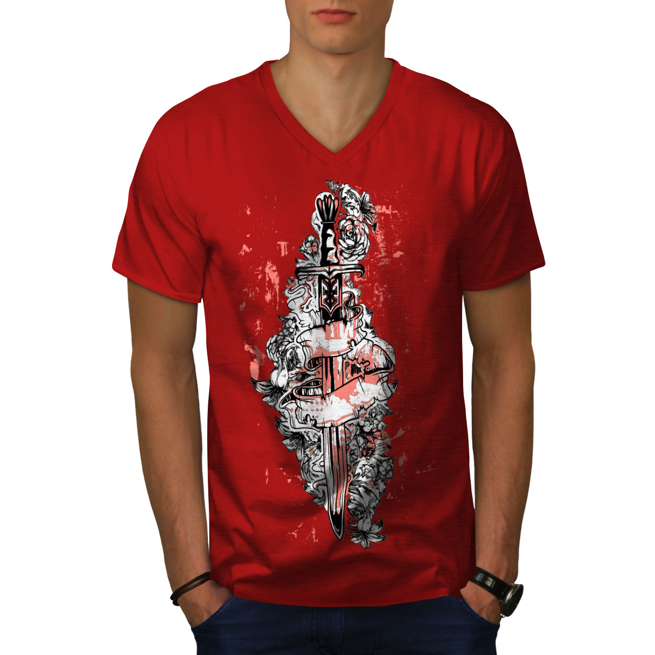 Wellcoda Sword Art Rose Warrior Mens V-Neck T-shirt