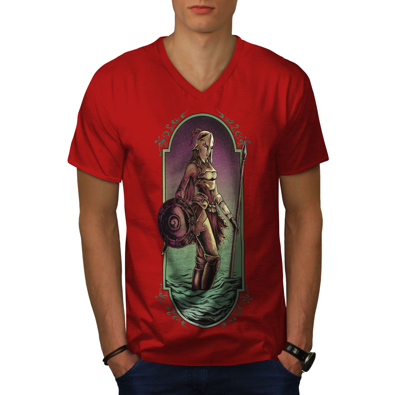 Wellcoda Warrior Woman Art Fashion Mens V-Neck T-shirt