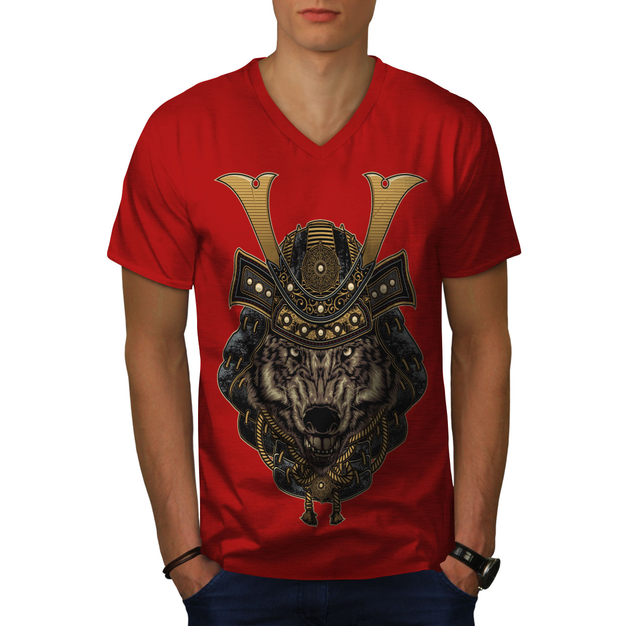 Wellcoda Wolf Warrior Animal Mens V-Neck T-shirt