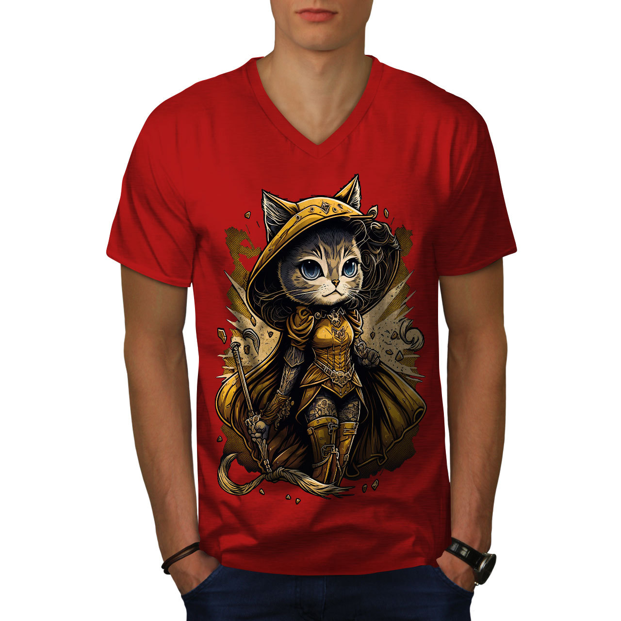 Wellcoda Warrior Cat Red Feline Mens V-Neck T-shirt