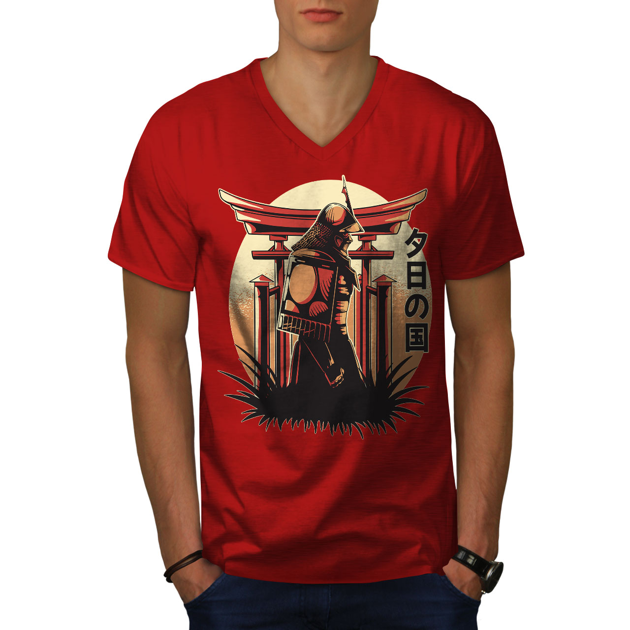 Wellcoda warrior Warrior with Sunset Background Mens V-Neck T-shirt