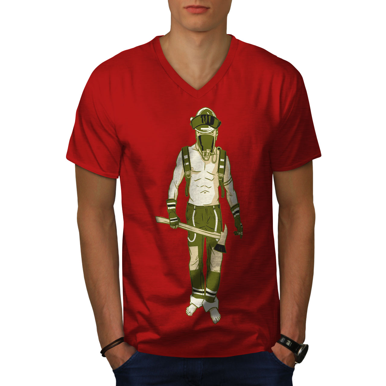 Wellcoda Warrior with Axe Gas Mask Soldier Mens V-Neck T-shirt