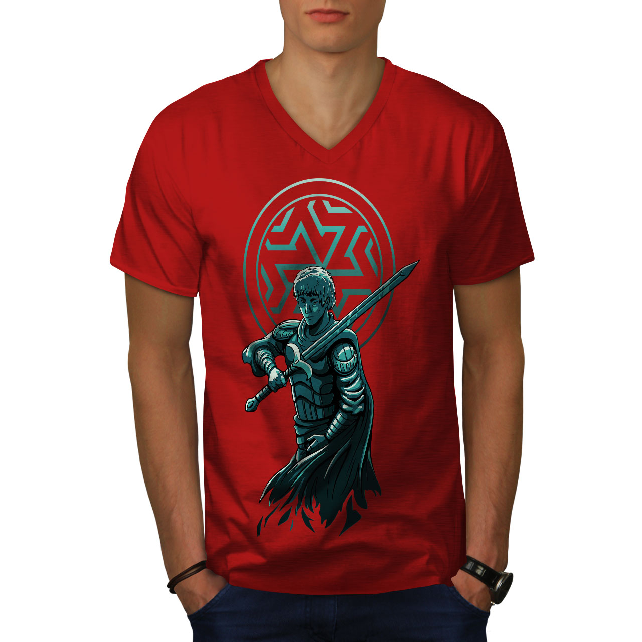 Wellcoda Confident Warrior with Sword and Armor Mens V-Neck T-shirt