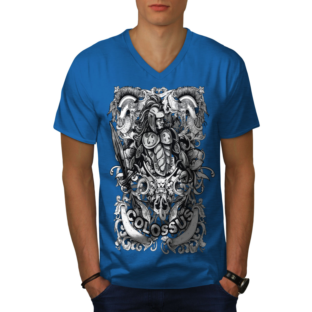 Wellcoda Colossus Warrior Warrior Mens V-Neck T-shirt