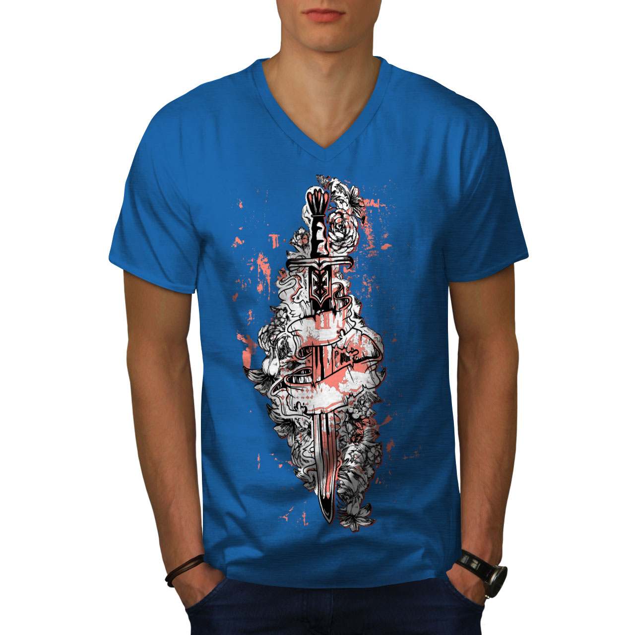 Wellcoda Sword Art Rose Warrior Mens V-Neck T-shirt