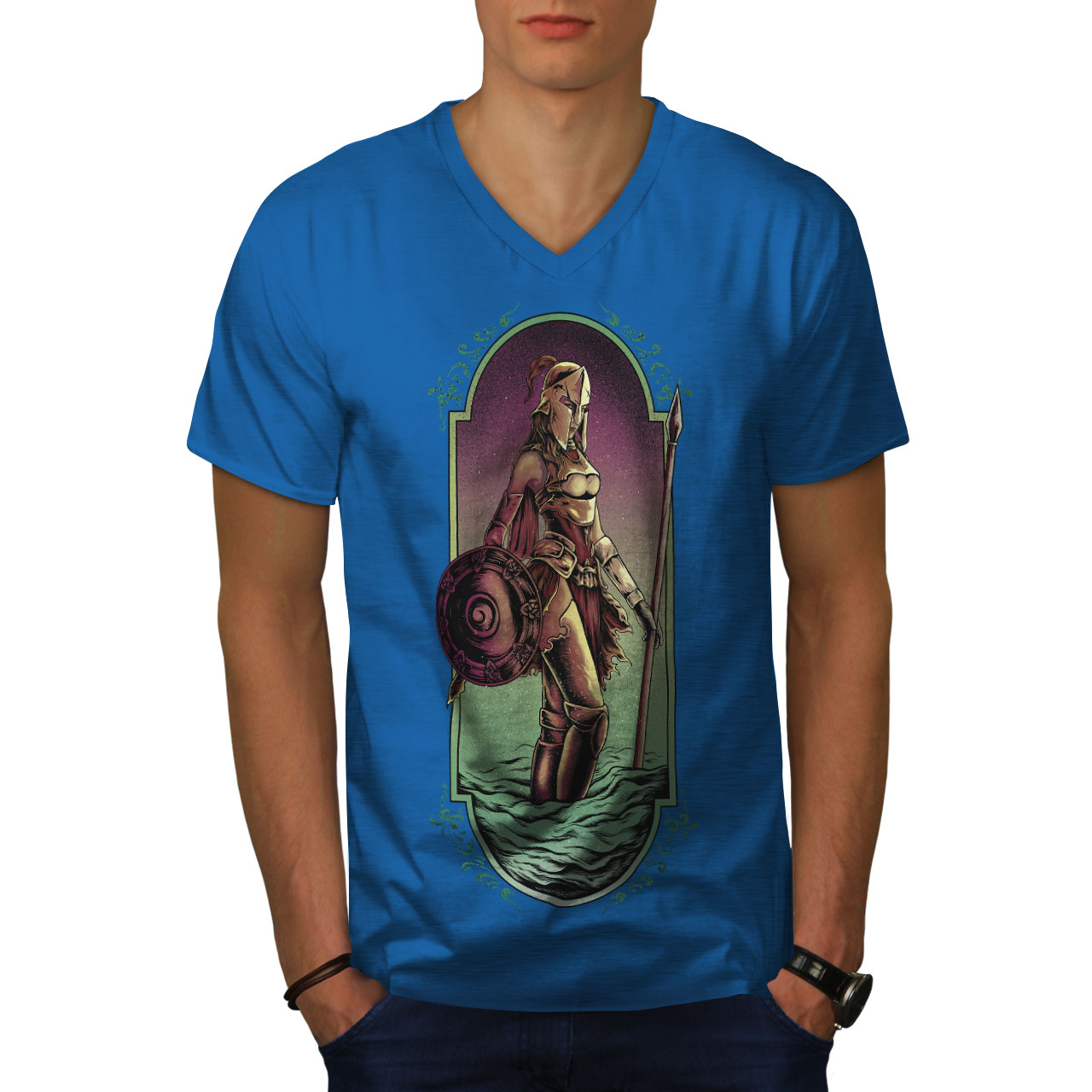 Wellcoda Warrior Woman Art Fashion Mens V-Neck T-shirt