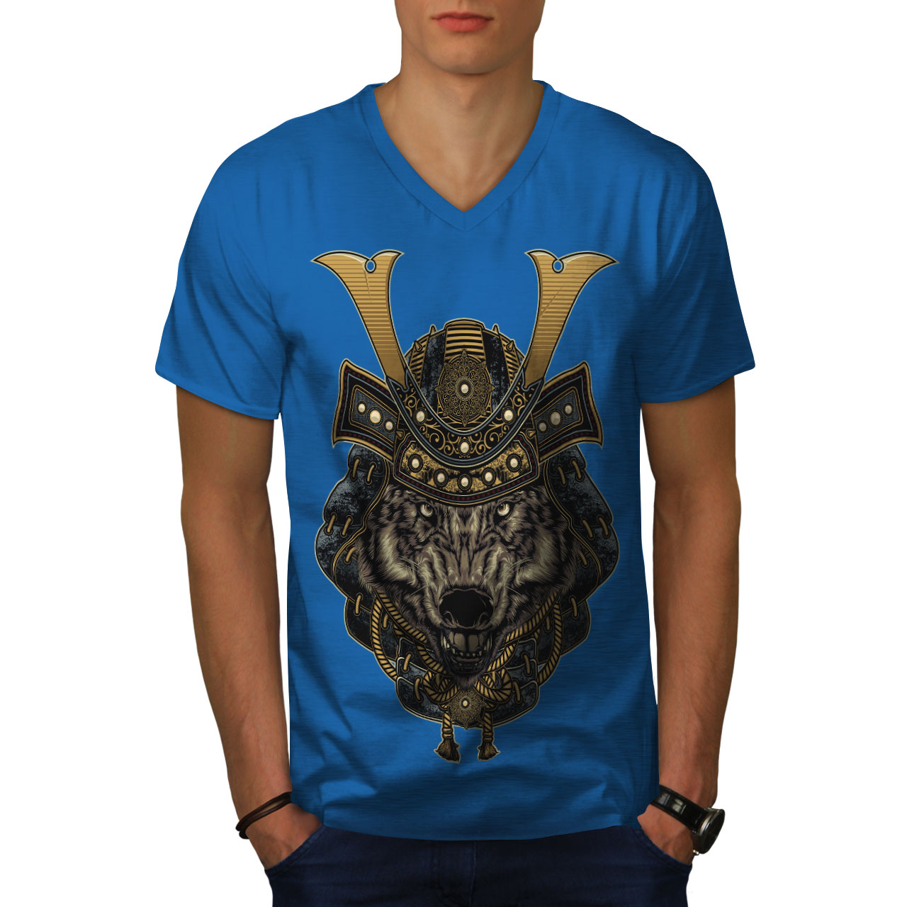 Wellcoda Wolf Warrior Animal Mens V-Neck T-shirt