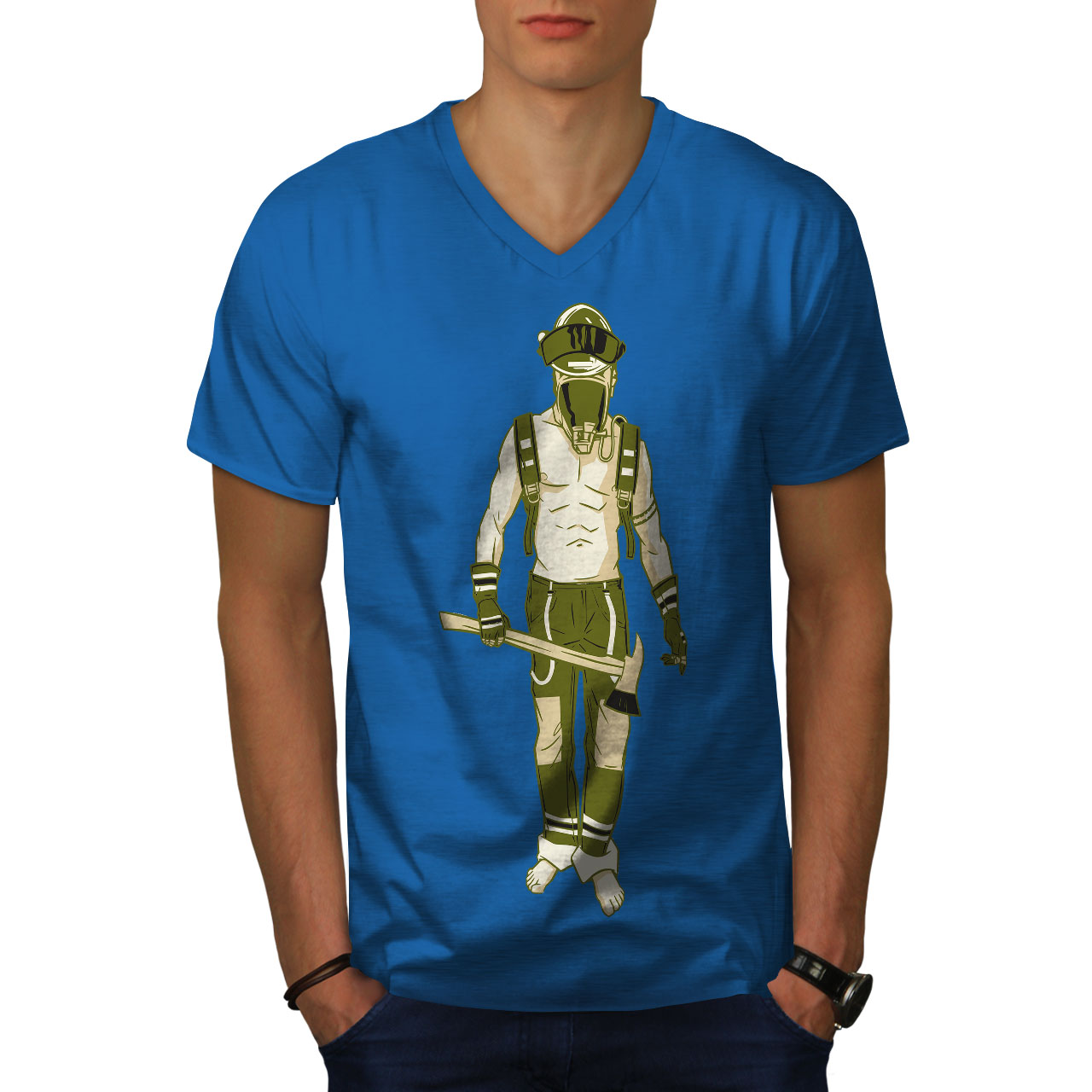 Wellcoda Warrior with Axe Gas Mask Soldier Mens V-Neck T-shirt