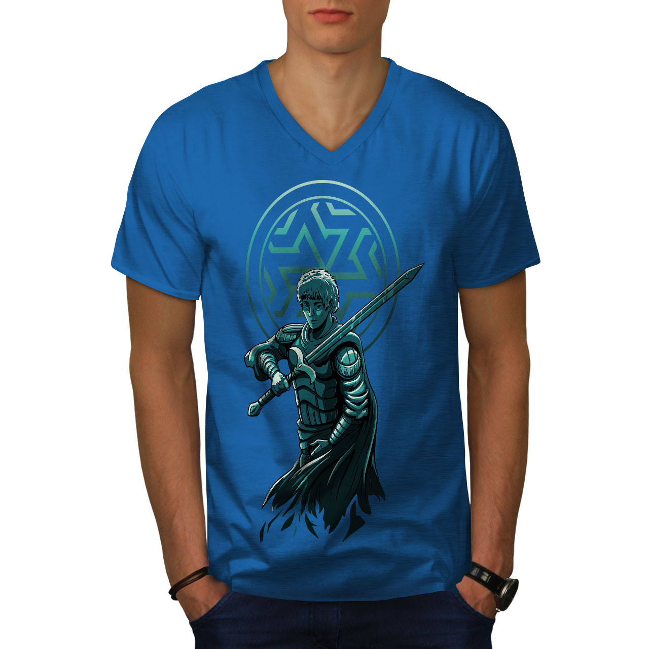 Wellcoda Confident Warrior with Sword and Armor Mens V-Neck T-shirt