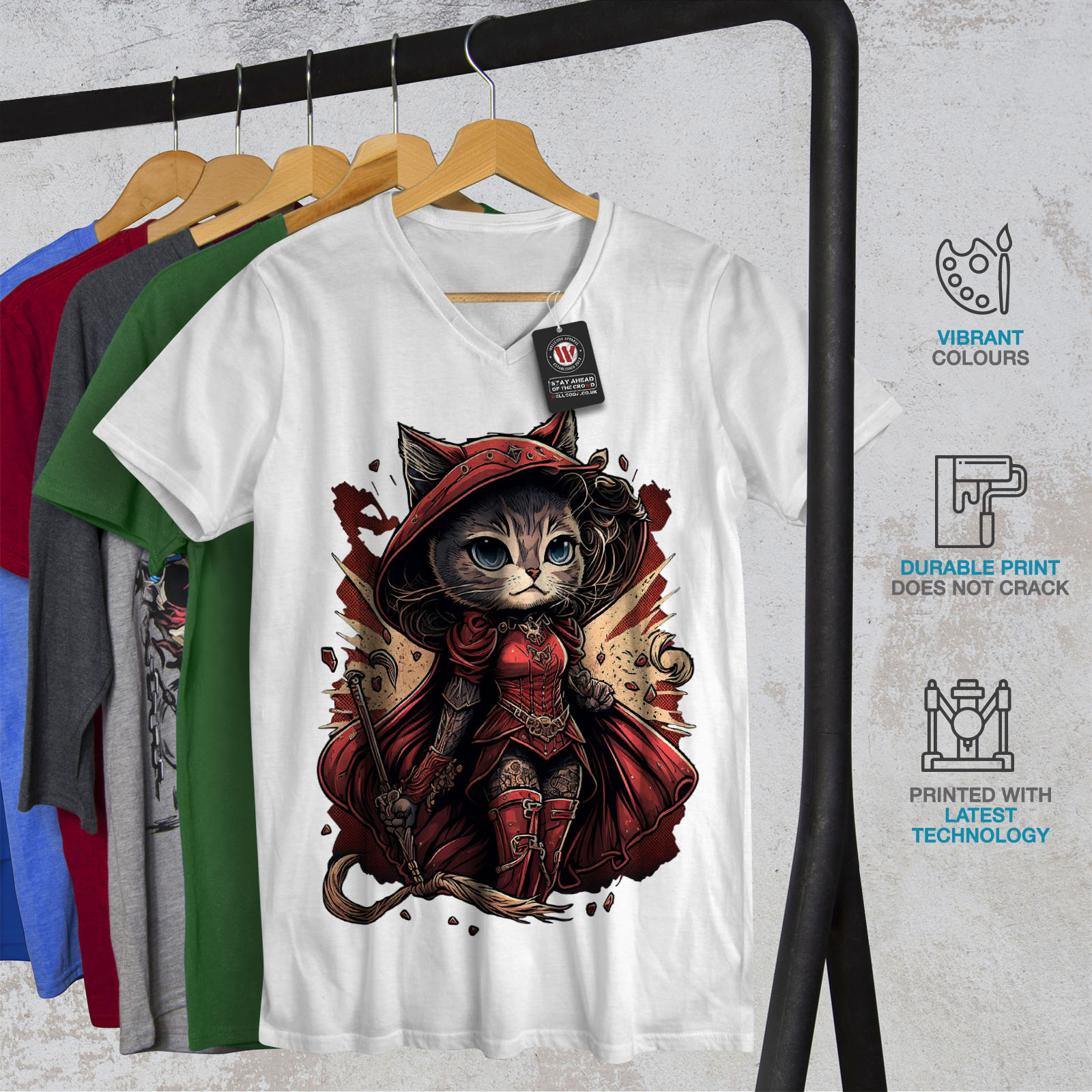 Wellcoda Warrior Cat Red Feline Mens V-Neck T-shirt