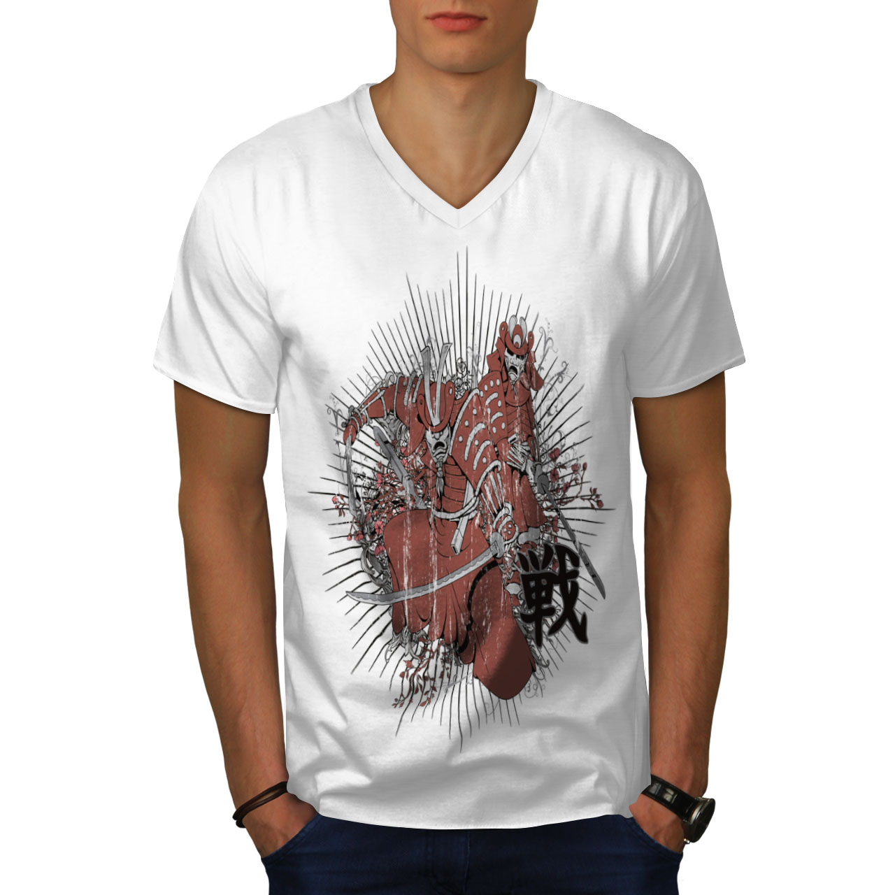 Wellcoda Warrior Fantasy Katana Crazy Mens V-Neck T-shirt