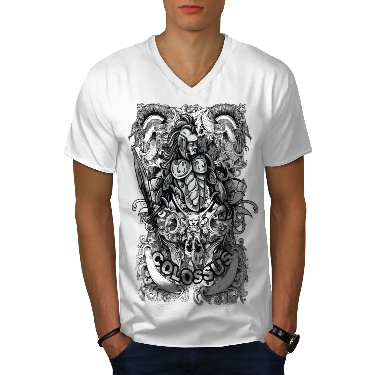 Wellcoda Colossus Warrior Warrior Mens V-Neck T-shirt