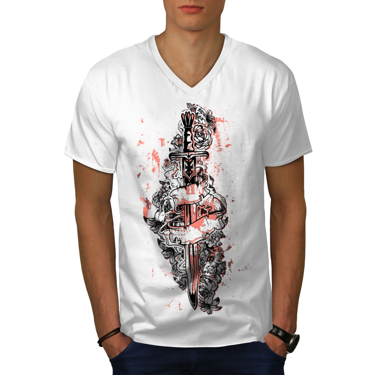 Wellcoda Sword Art Rose Warrior Mens V-Neck T-shirt