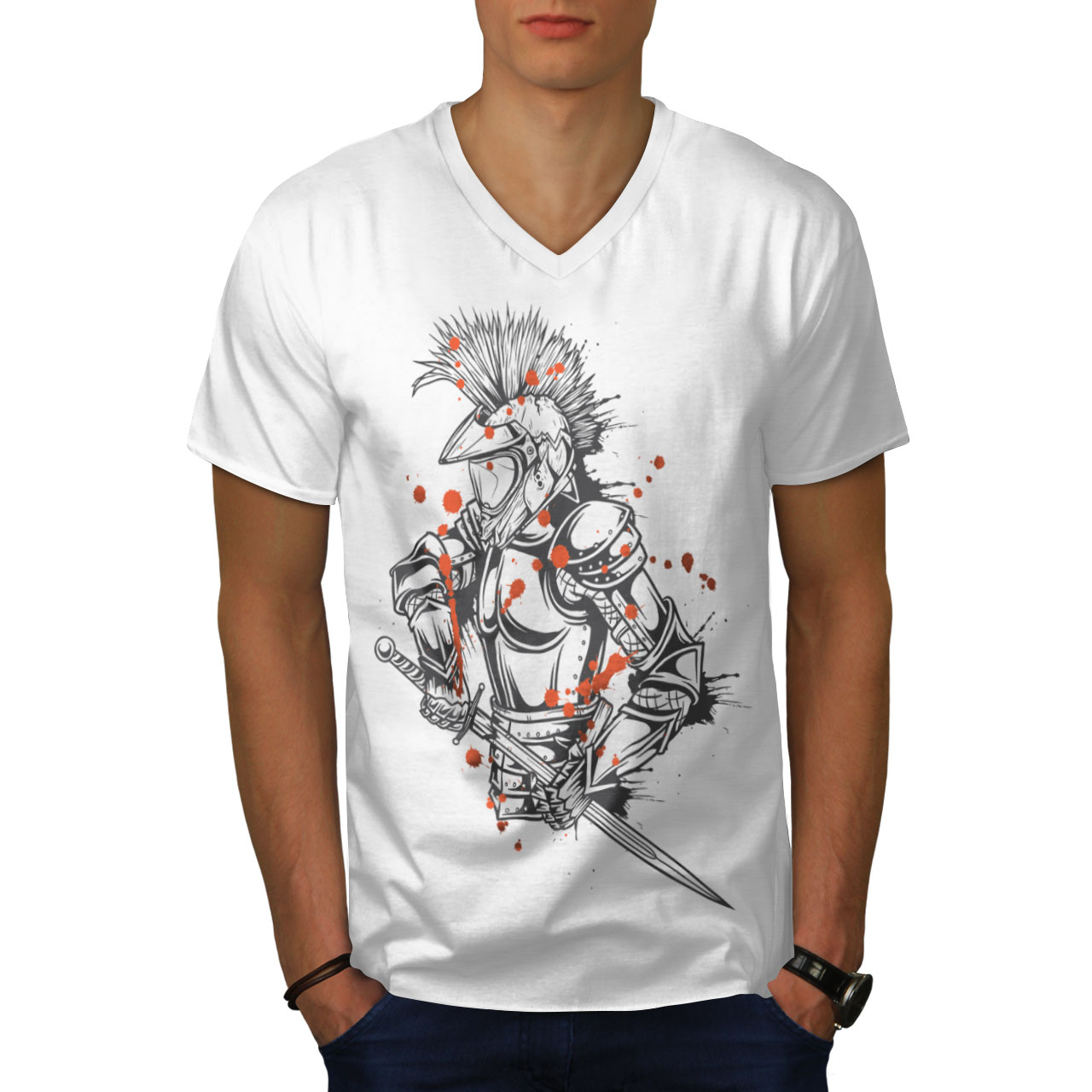 Wellcoda Knight Warrior Fantasy Holy Mens V-Neck T-shirt