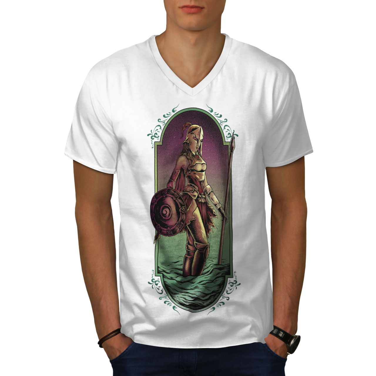 Wellcoda Warrior Woman Art Fashion Mens V-Neck T-shirt