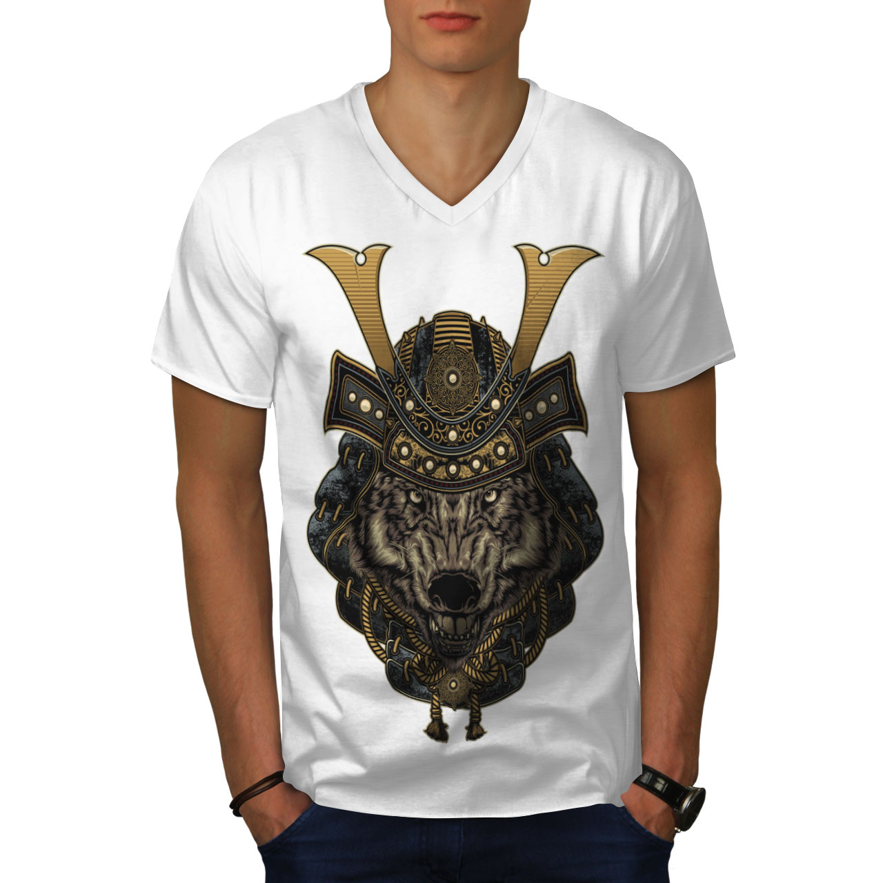 Wellcoda Wolf Warrior Animal Mens V-Neck T-shirt