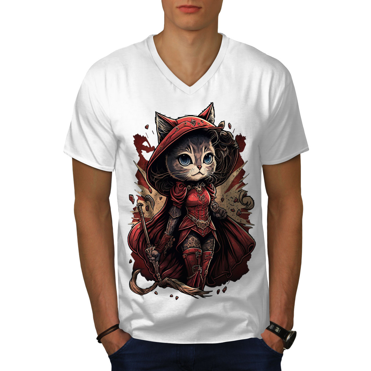 Wellcoda Warrior Cat Red Feline Mens V-Neck T-shirt