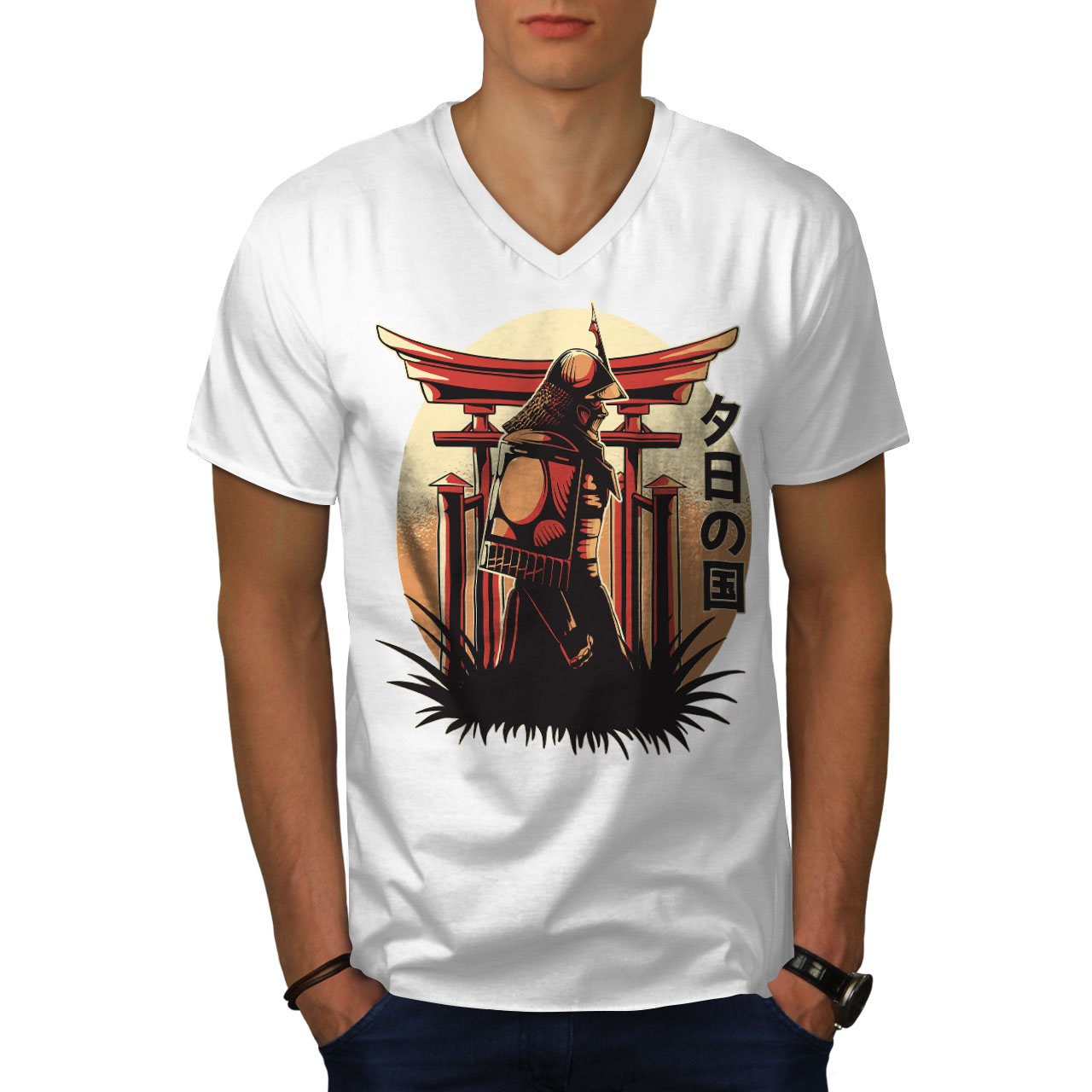 Wellcoda warrior Warrior with Sunset Background Mens V-Neck T-shirt