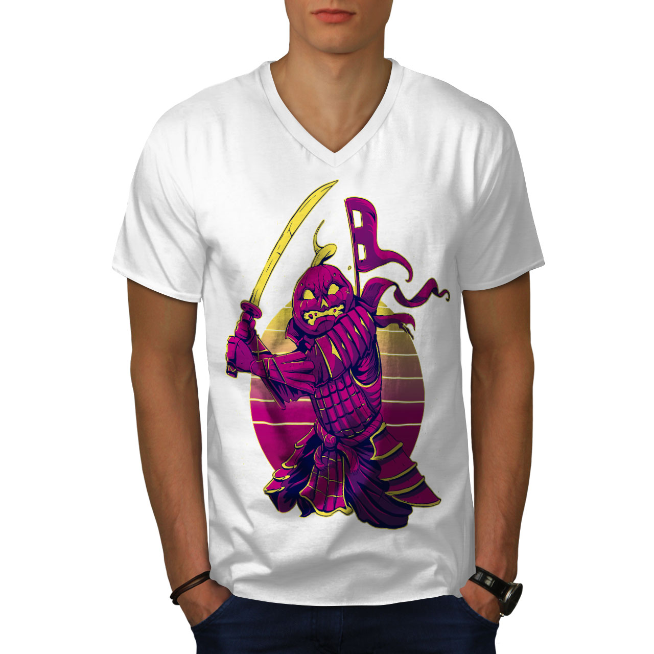 Wellcoda warrior Warrior with Pumpkin Head Mens V-Neck T-shirt