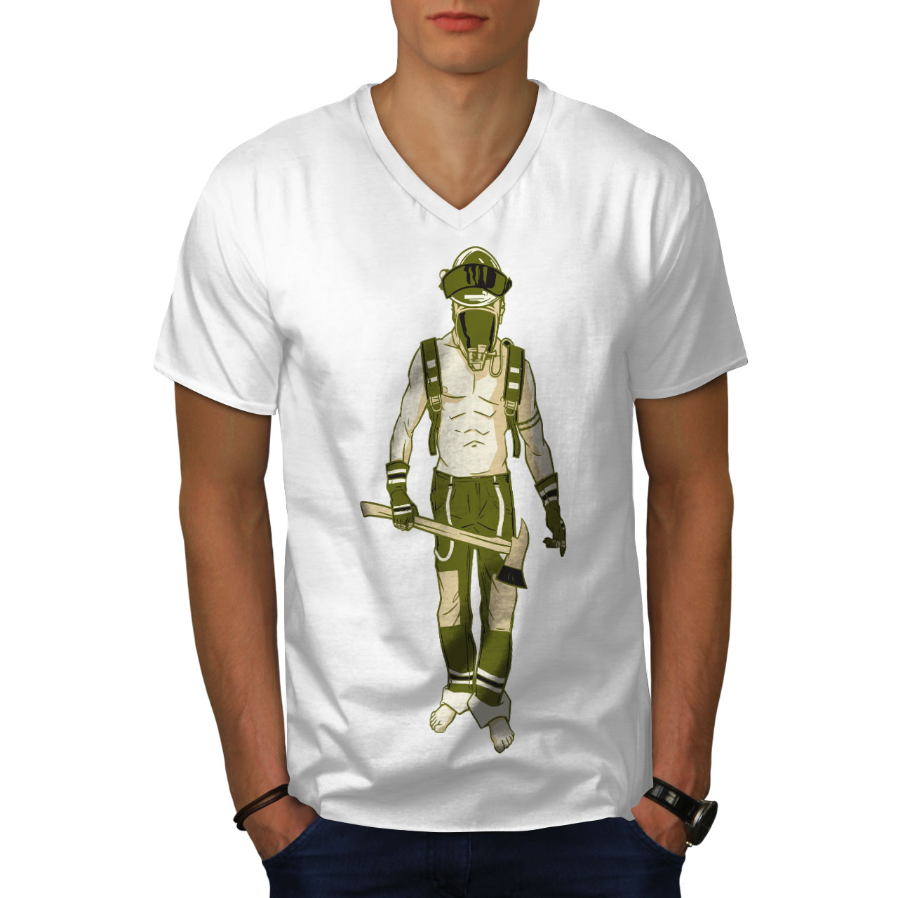 Wellcoda Warrior with Axe Gas Mask Soldier Mens V-Neck T-shirt