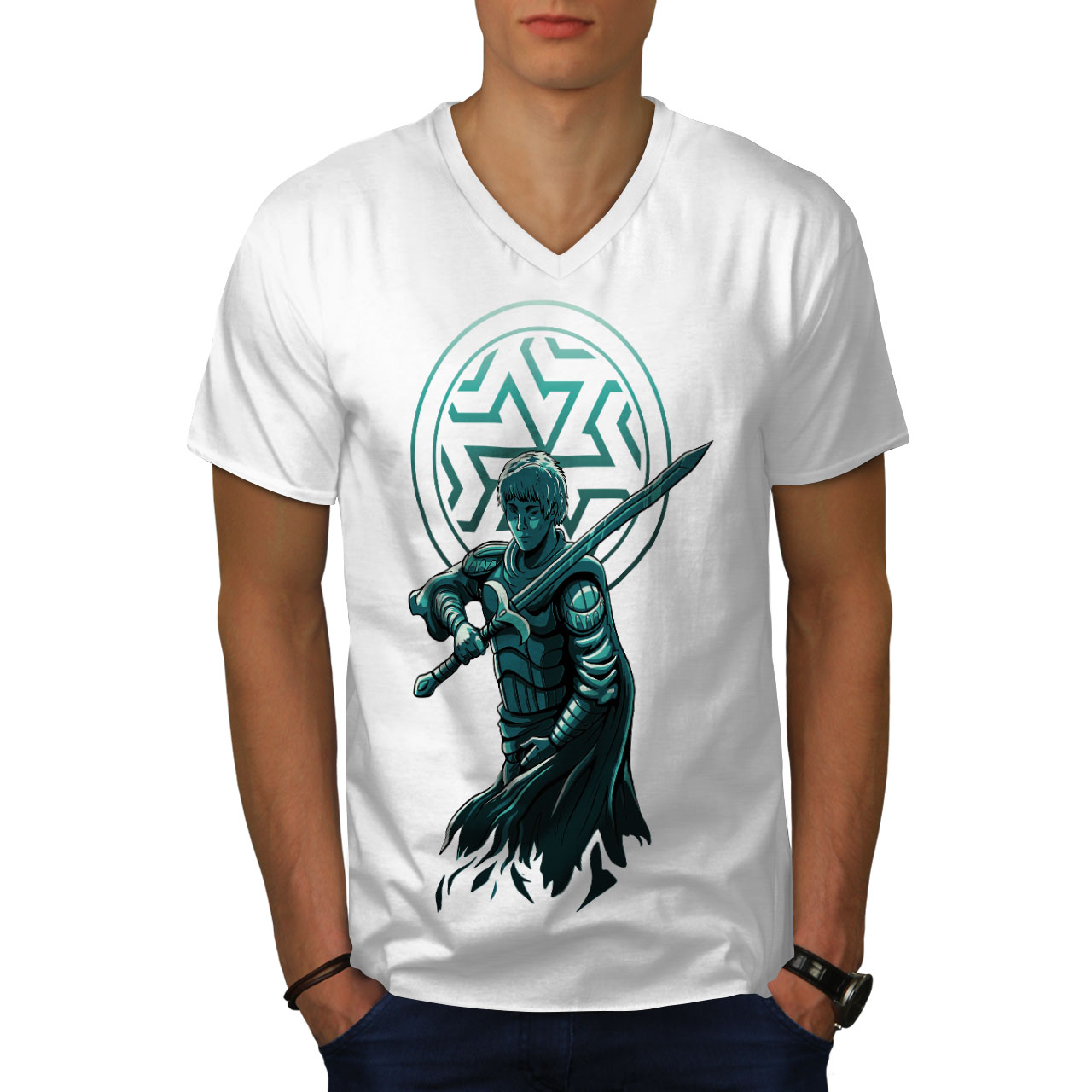 Wellcoda Confident Warrior with Sword and Armor Mens V-Neck T-shirt