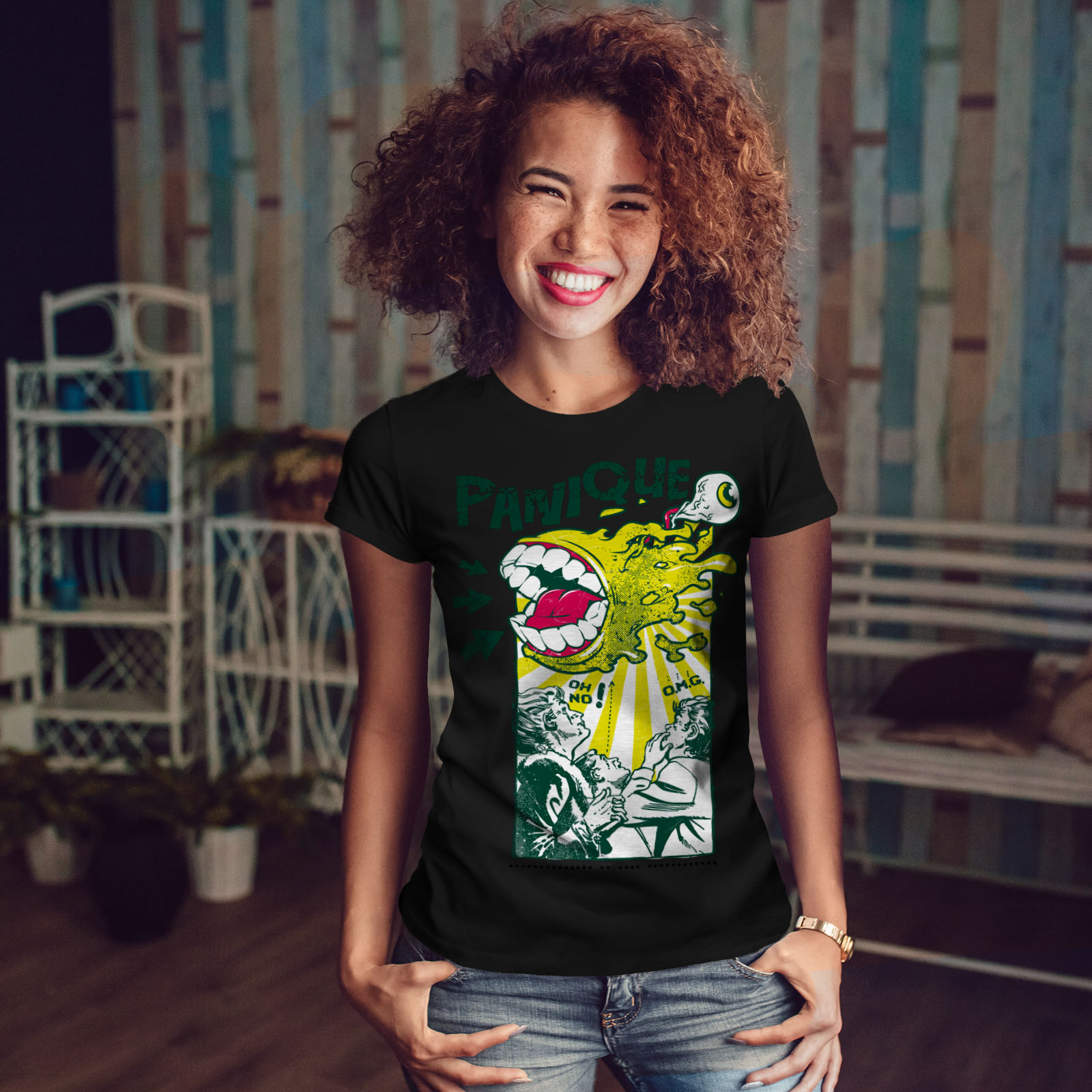 Wellcoda Panique Monster Fashion Party Womens T-shirt