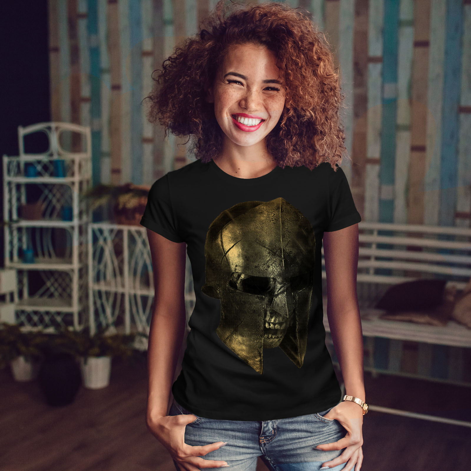 Wellcoda Skull Sparta Warrior Battle Womens T-shirt