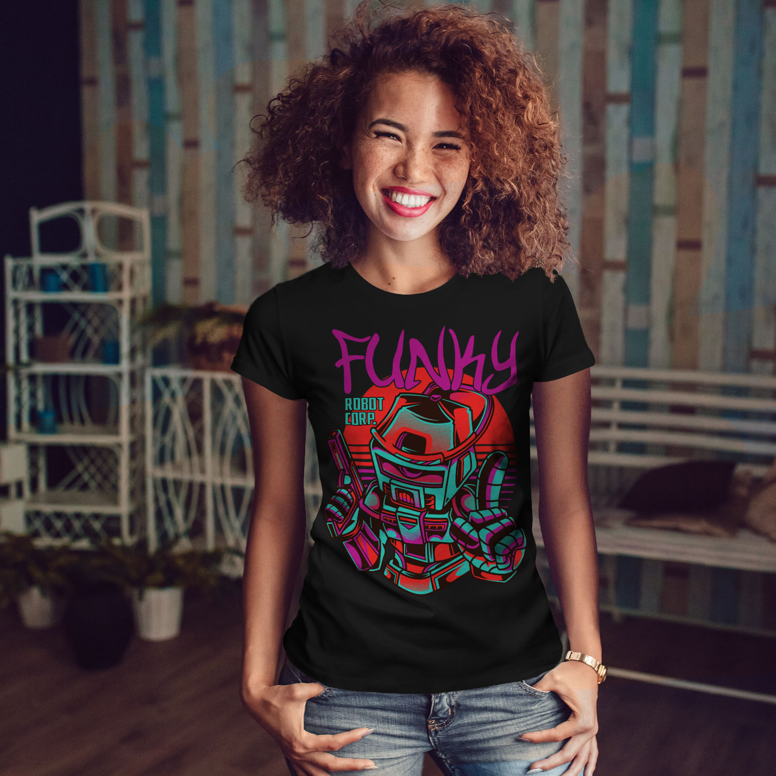 Wellcoda Funky Robot Corp Fashion Womens T-shirt