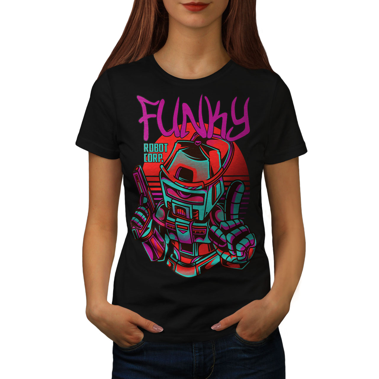 Wellcoda Funky Robot Corp Fashion Womens T-shirt