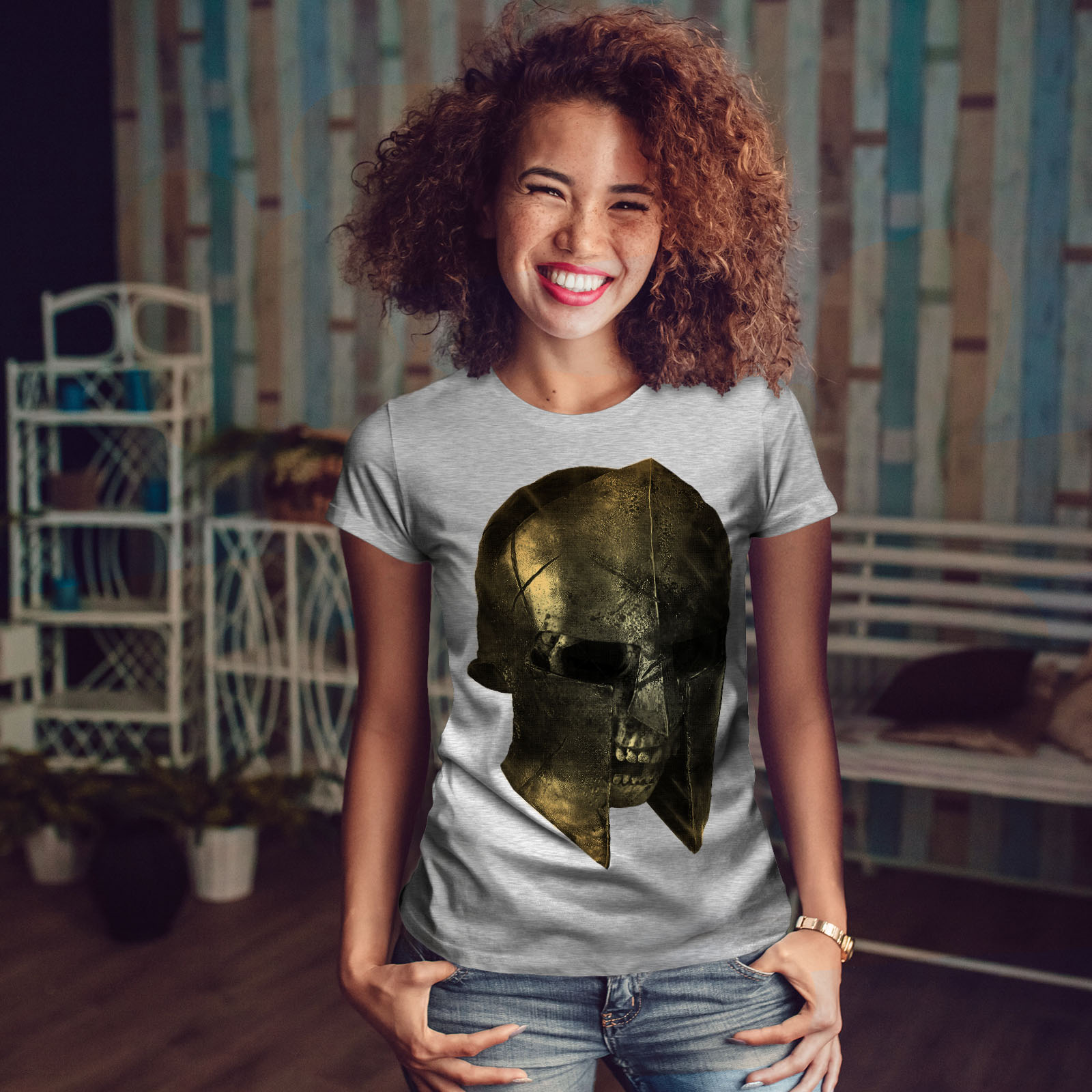 Wellcoda Skull Sparta Warrior Battle Womens T-shirt