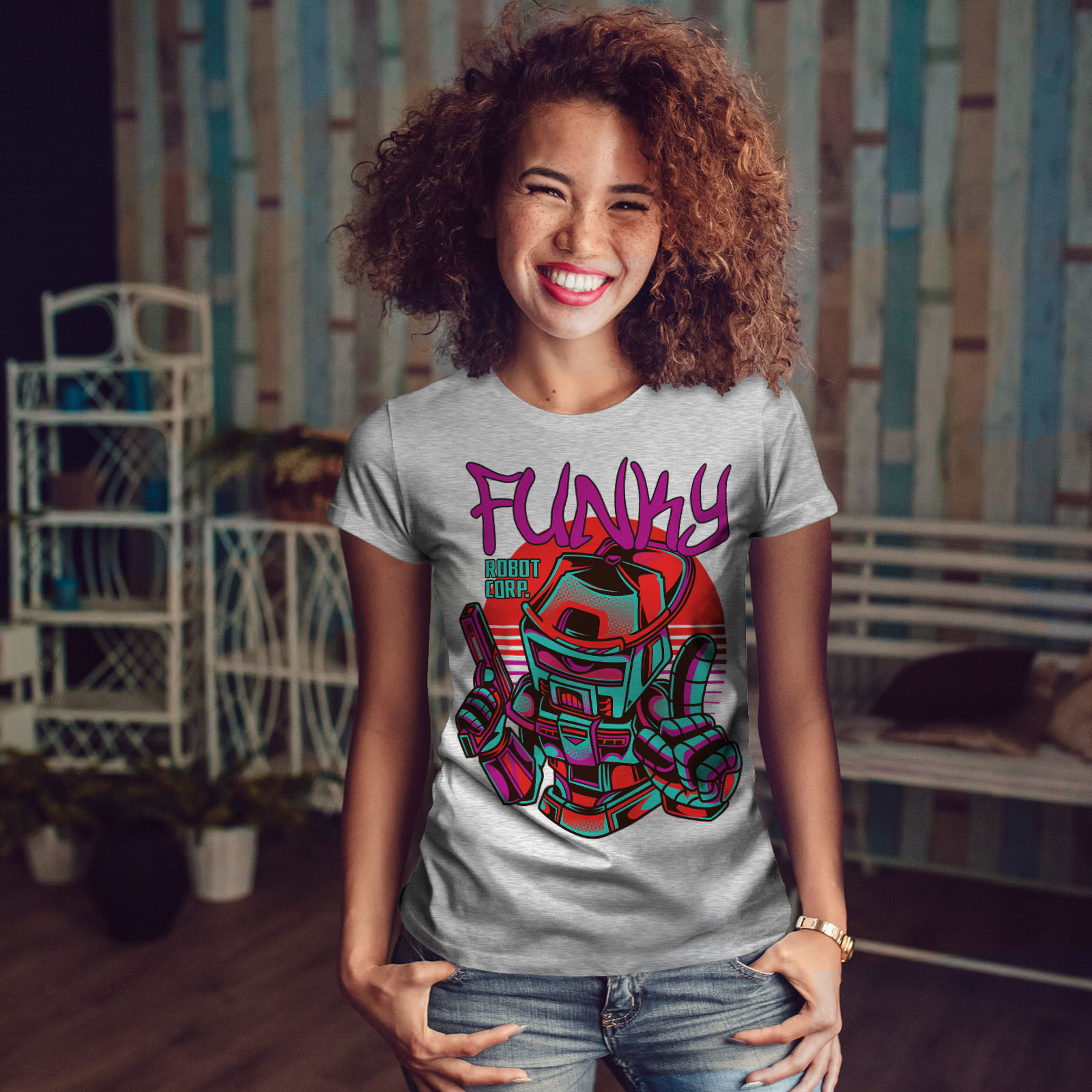 Wellcoda Funky Robot Corp Fashion Womens T-shirt