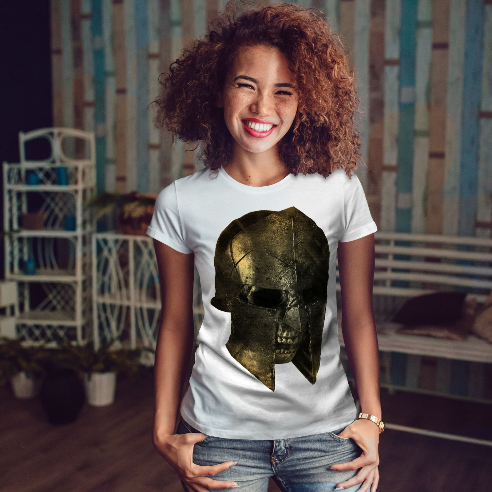 Wellcoda Skull Sparta Warrior Battle Womens T-shirt