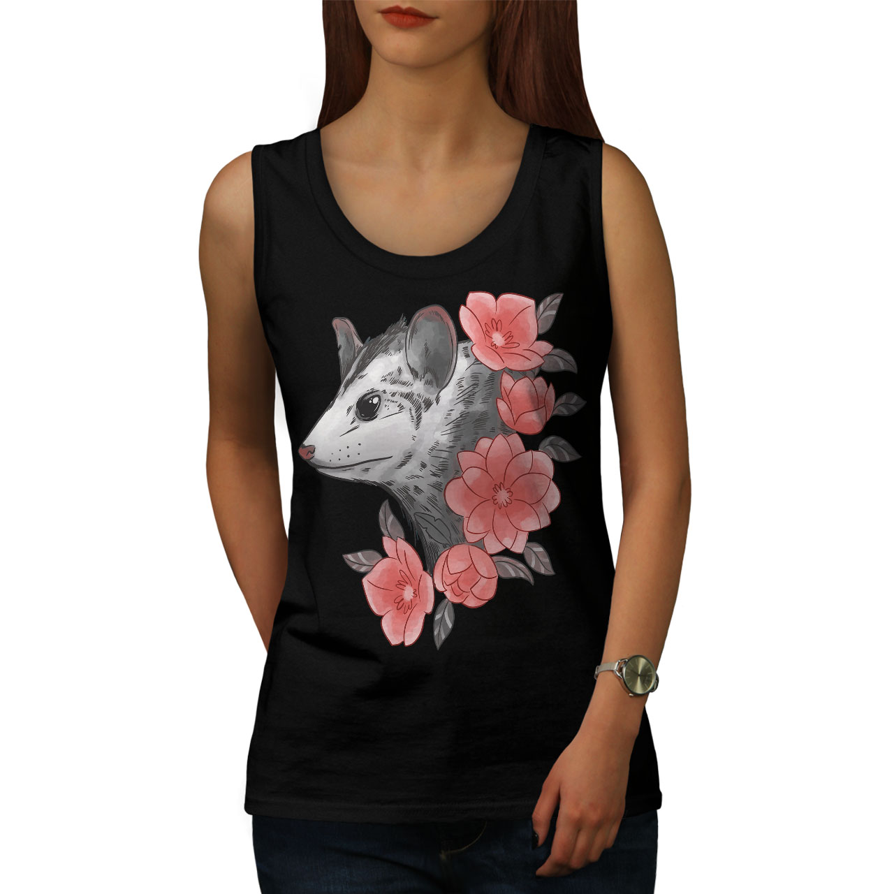 Wellcoda Opossum with Flowers Gentle Nature Animal Womens Tank Top