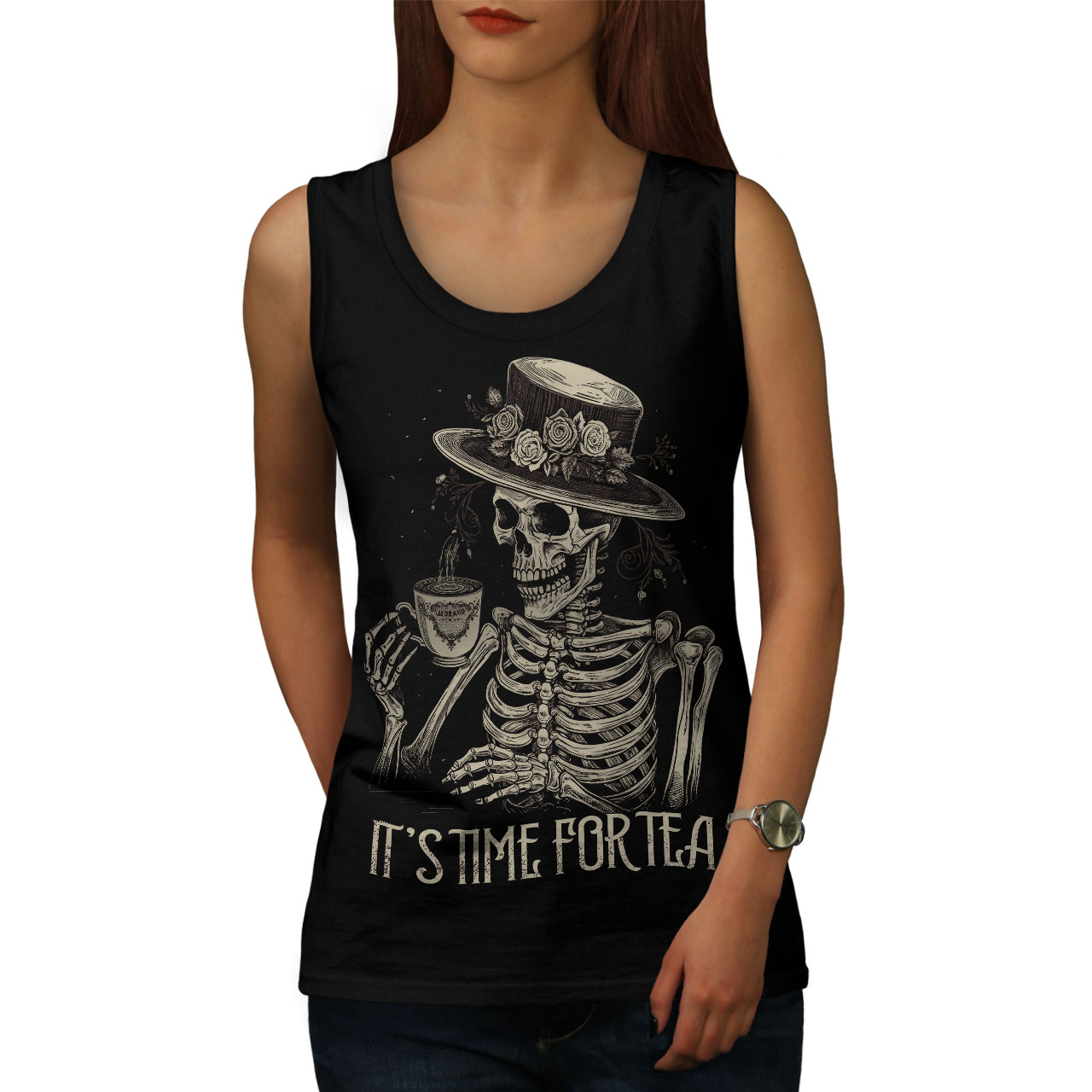 Wellcoda It's Time for Tea Gothic Skeleton Floral Womens Tank Top