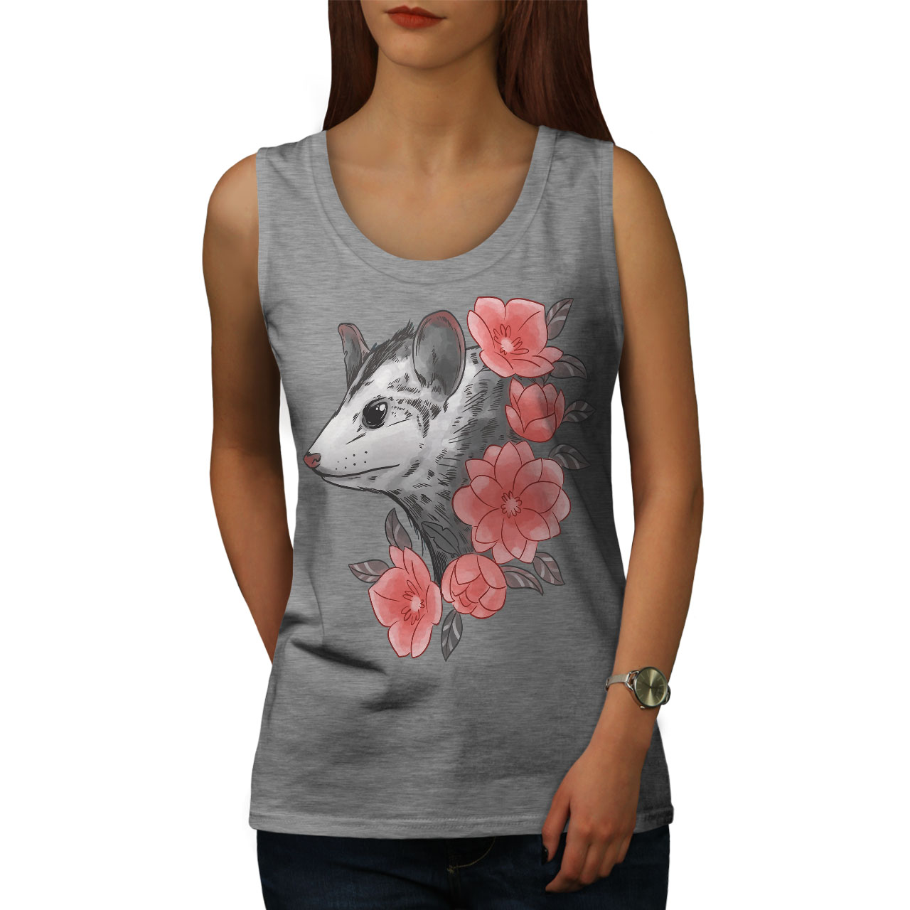 Wellcoda Opossum with Flowers Gentle Nature Animal Womens Tank Top