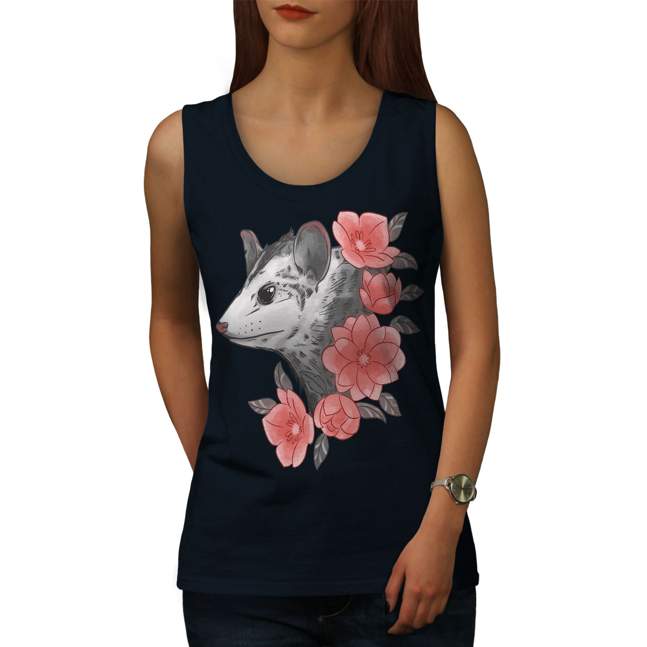 Wellcoda Opossum with Flowers Gentle Nature Animal Womens Tank Top