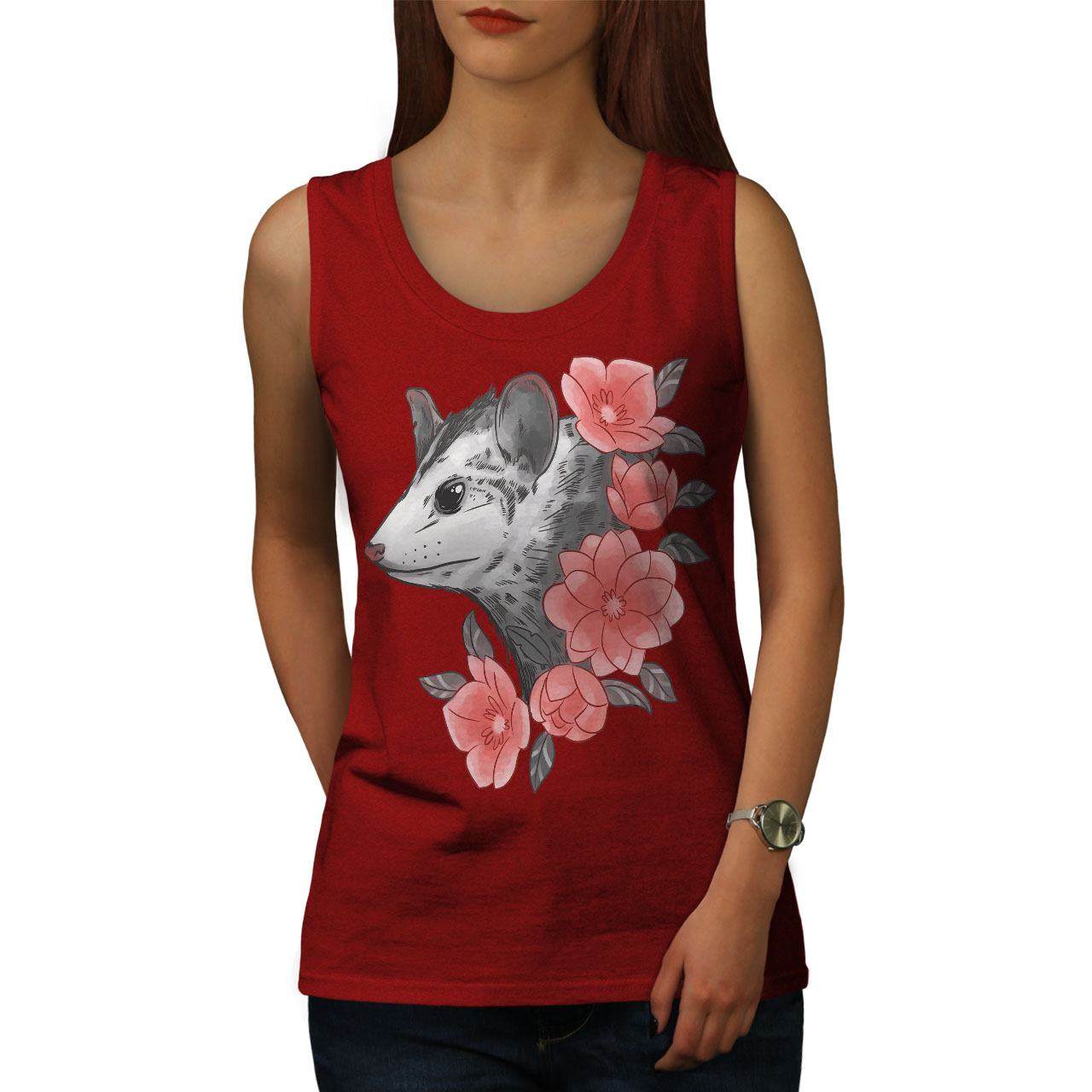 Wellcoda Opossum with Flowers Gentle Nature Animal Womens Tank Top