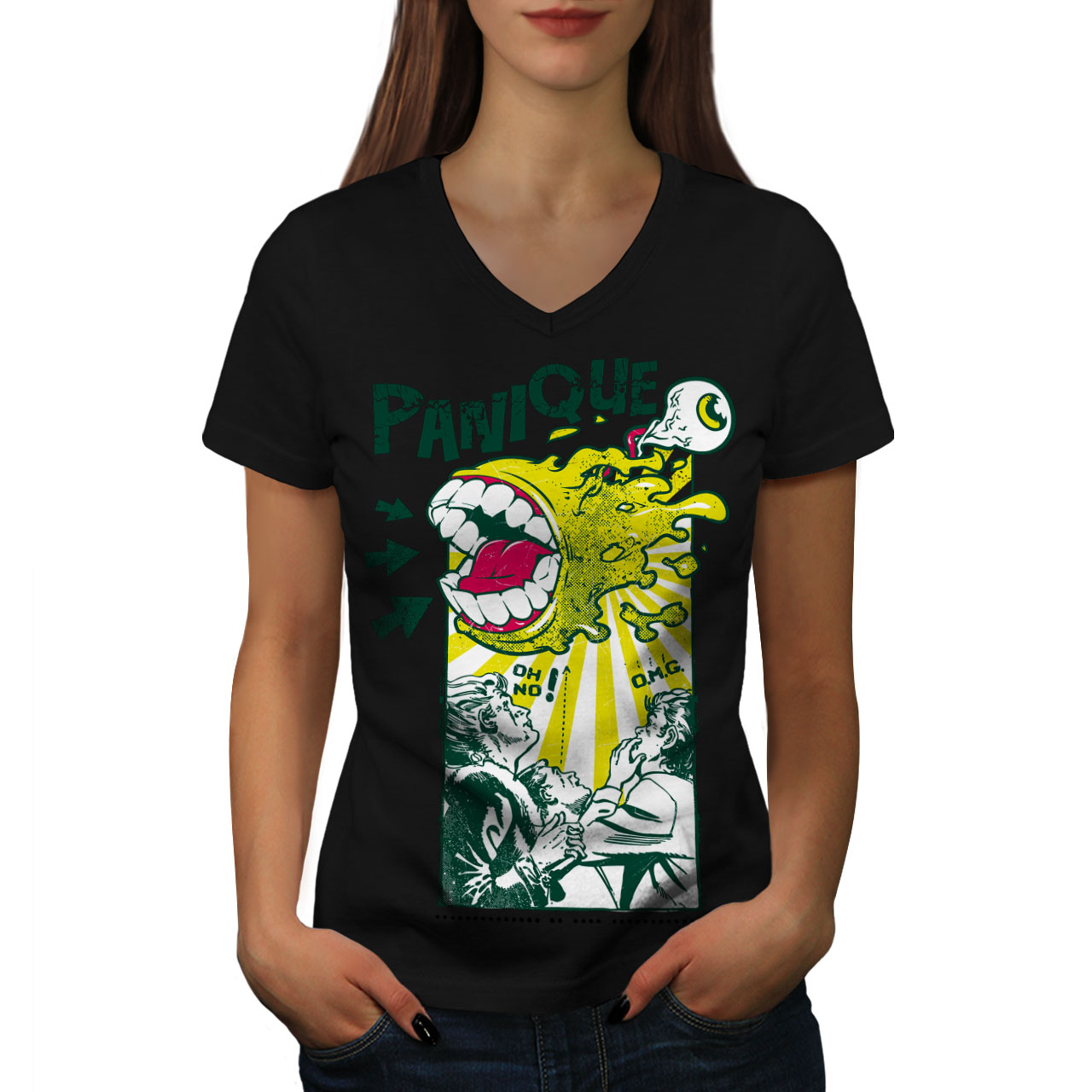 Wellcoda Panique Monster Fashion Party Womens V-Neck T-shirt