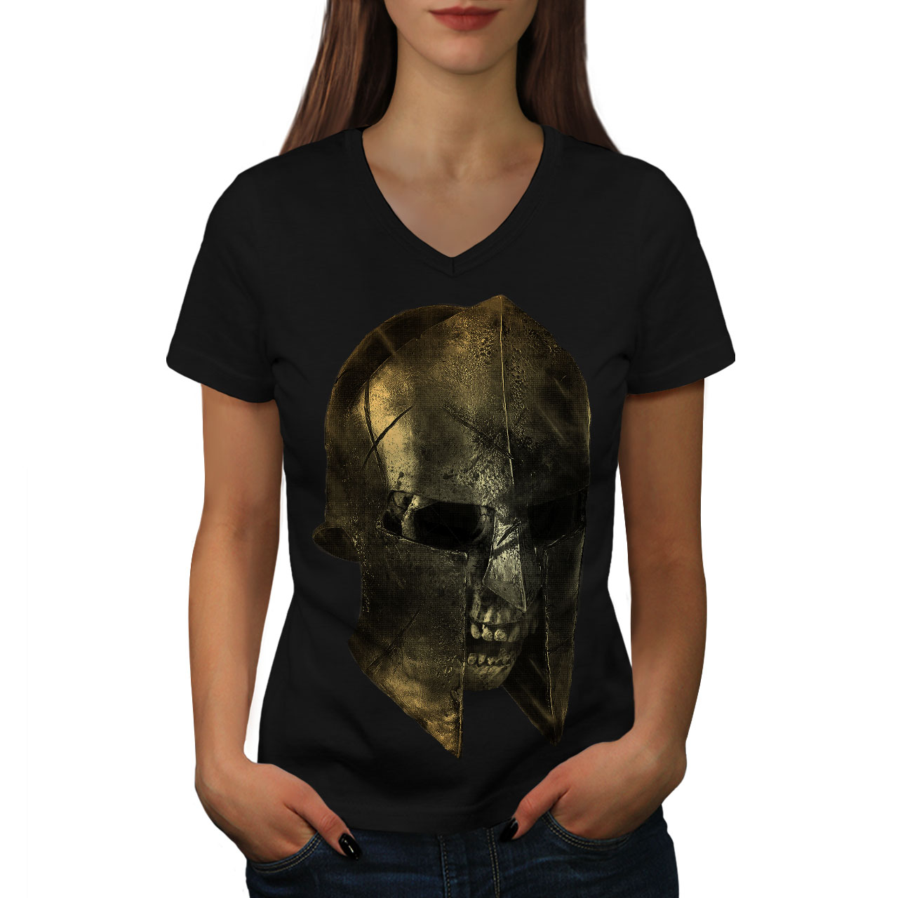 Wellcoda Skull Sparta Warrior Battle Womens V-Neck T-shirt