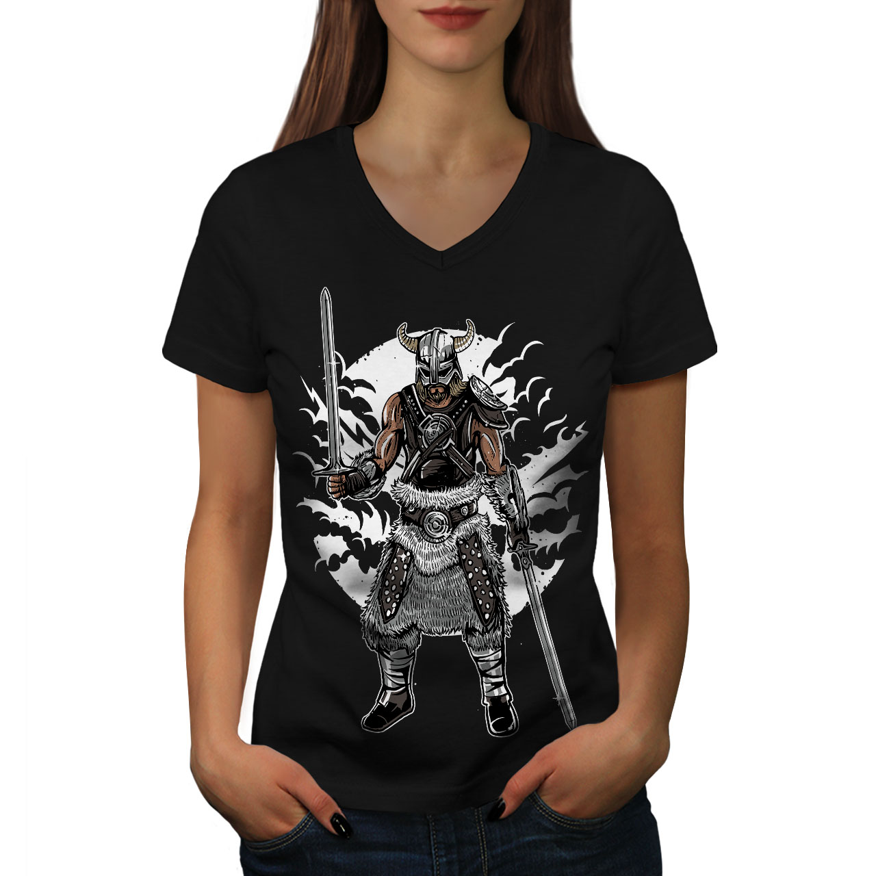 Wellcoda North Warrior Knight Womens V-Neck T-shirt