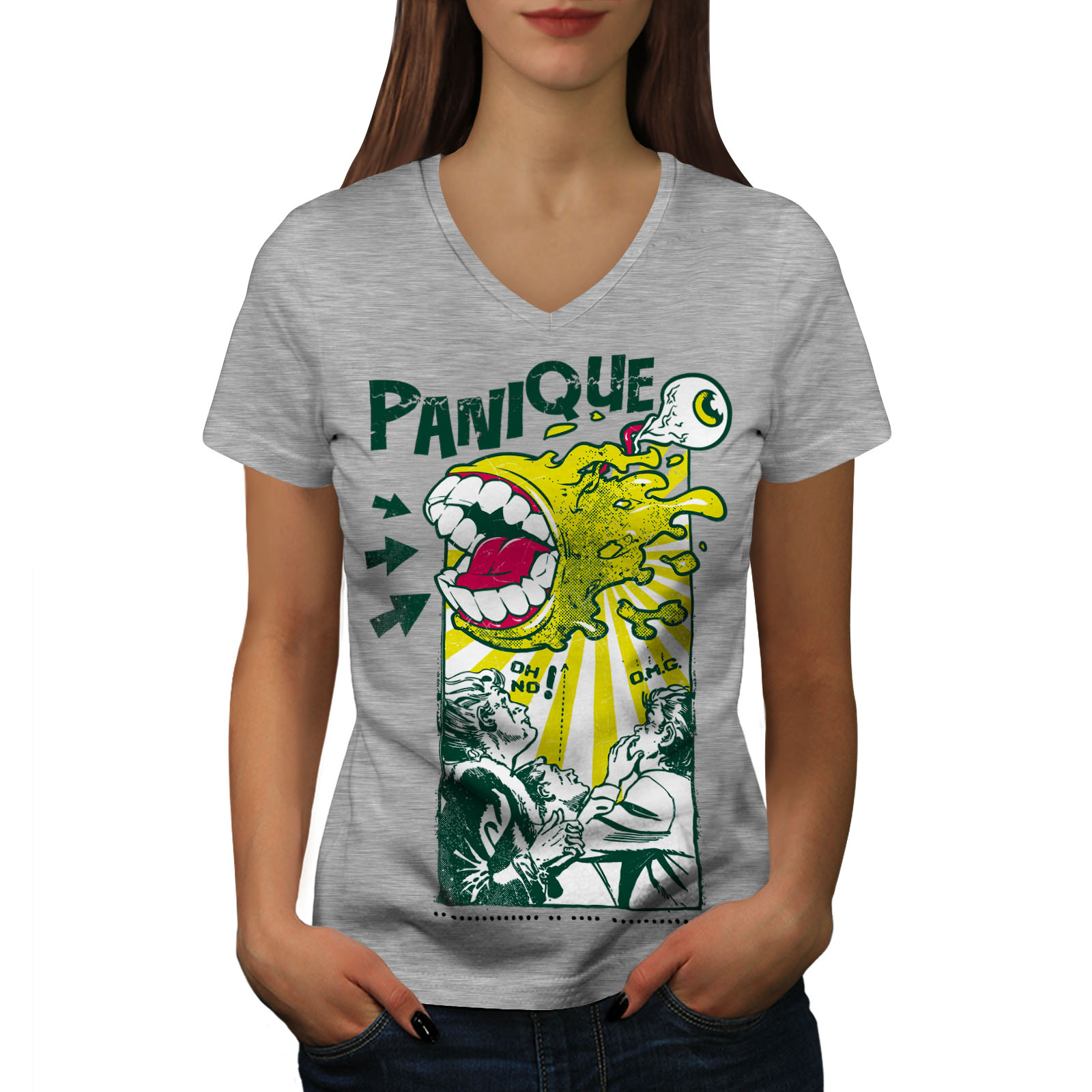 Wellcoda Panique Monster Fashion Party Womens V-Neck T-shirt