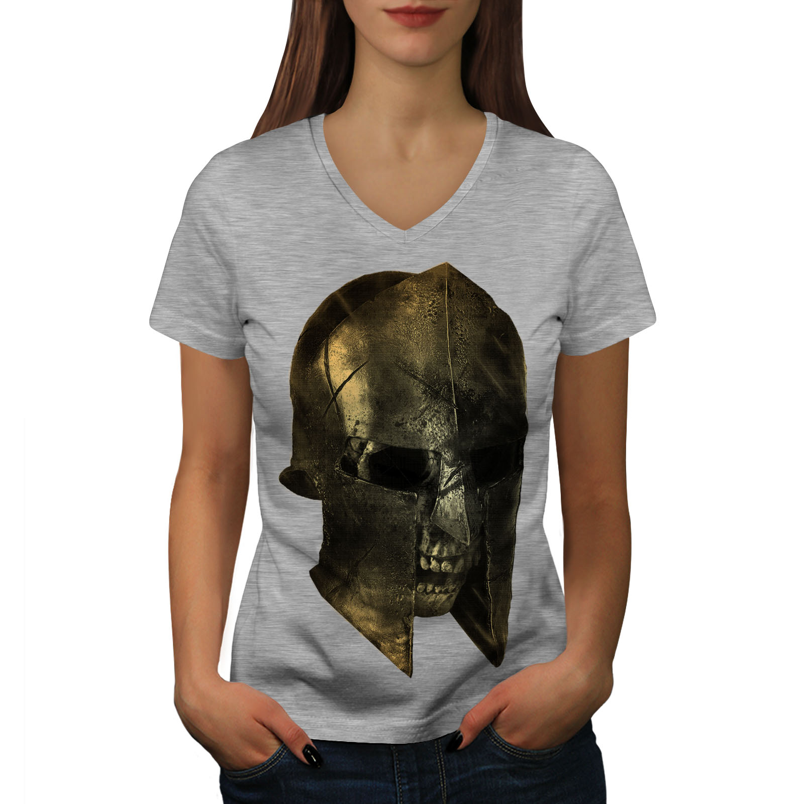 Wellcoda Skull Sparta Warrior Battle Womens V-Neck T-shirt