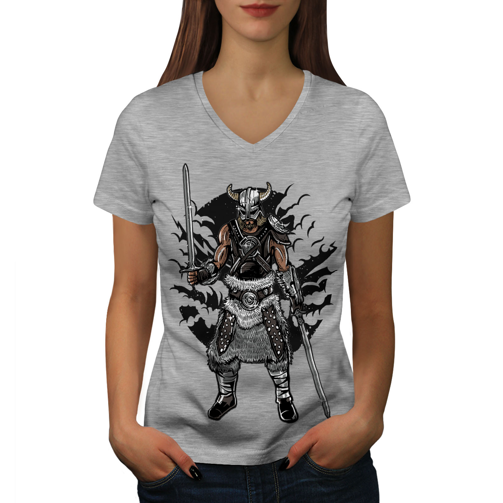 Wellcoda North Warrior Knight Womens V-Neck T-shirt