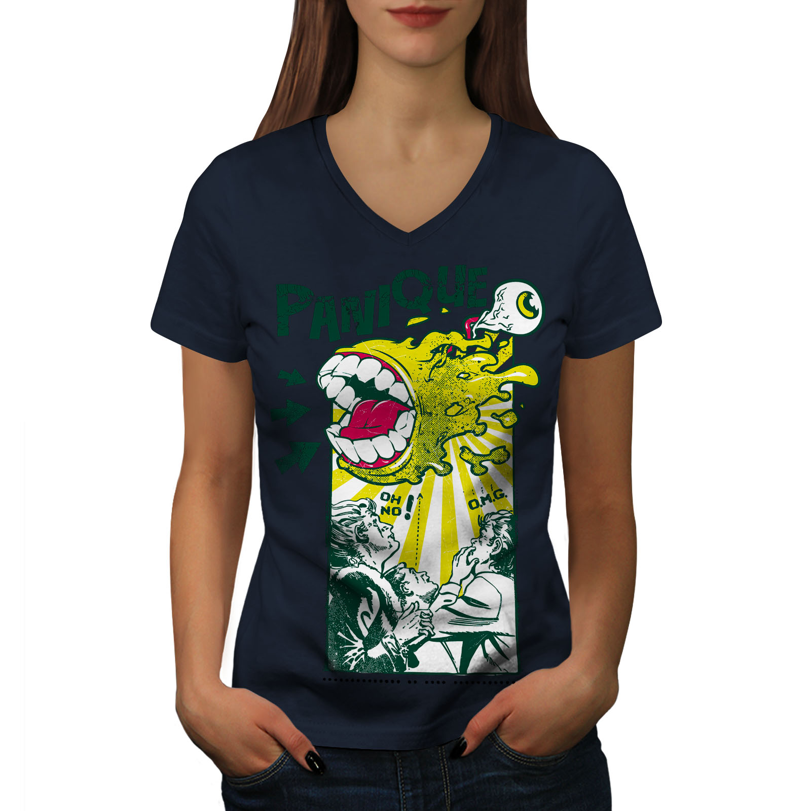 Wellcoda Panique Monster Fashion Party Womens V-Neck T-shirt