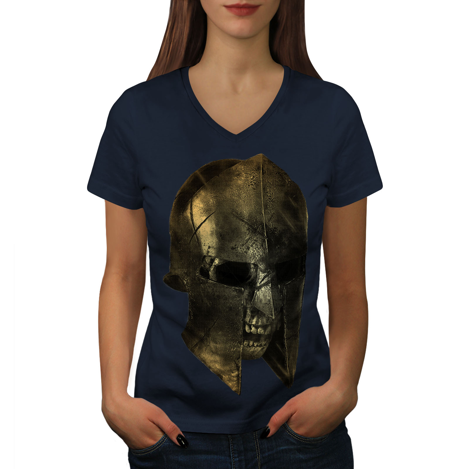 Wellcoda Skull Sparta Warrior Battle Womens V-Neck T-shirt