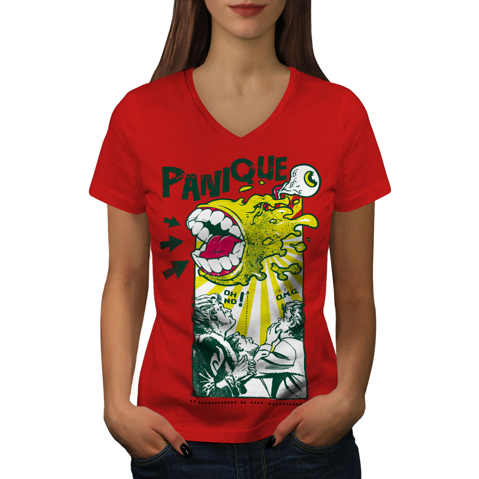 Wellcoda Panique Monster Fashion Party Womens V-Neck T-shirt