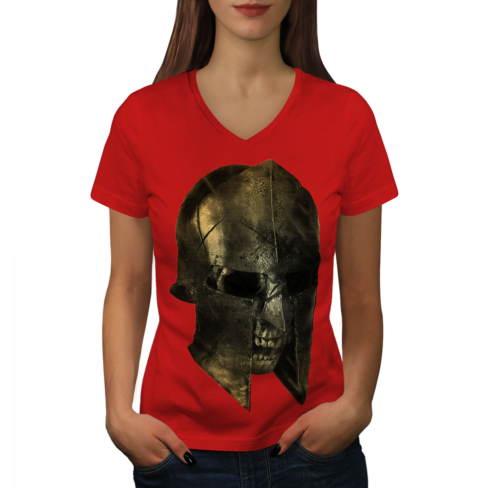 Wellcoda Skull Sparta Warrior Battle Womens V-Neck T-shirt